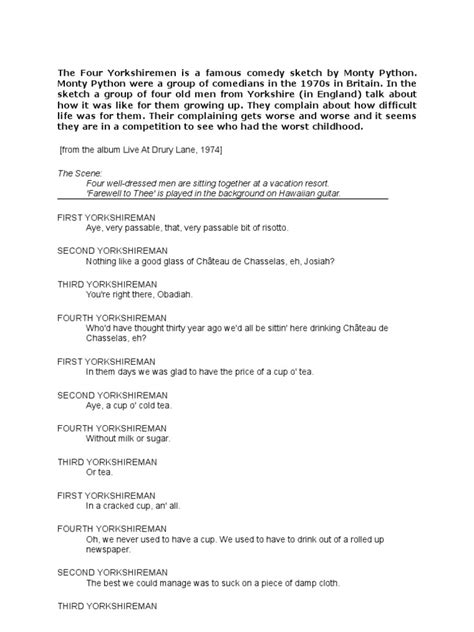 four yorkshiremen script|Four Yorkshire Men Script .